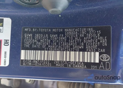 2015 Toyota Corolla S Plus from USA, damaged, VIN 2T1BURHEXFC347710